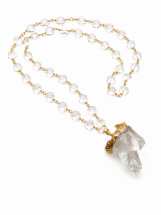 Long clear quartz bead necklace with raw crystal pendant