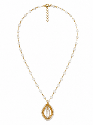 A gold chain necklace featuring small white pearl-like beads and a teardrop-shaped pendant with a gold border and a central white faux-pearl motif, shown on a plain white background.