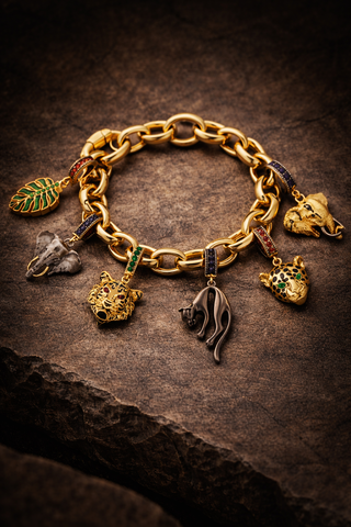 Gold charm bracelet with various charms on a dark textured surface