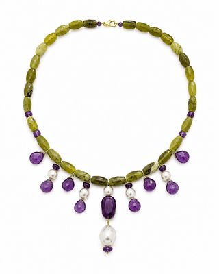 Serpentine, amethyst and blue-grey freshwater pearl statement collar necklace in vermeil on white background