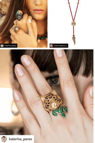Jewelry collage featuring rings, a necklace, and a ring with a leaf design.