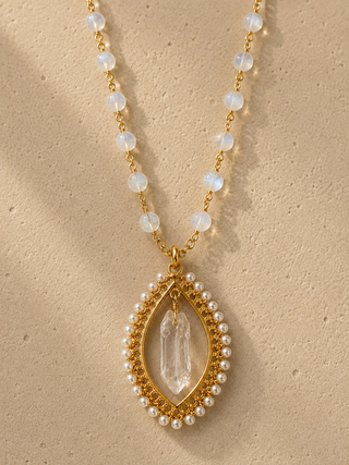 A gold-toned teardrop pendant necklace featuring a clear crystal center, surrounded by a border of white faux pearls and small gold beads, displayed on a textured beige background.