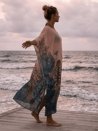 Woman standing on a wooden pier by the ocean wearing a long, patterned kimono.