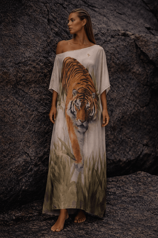 Cream tiger print kaftan in lightweight fabric for resort wear