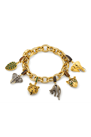 Gold chain bracelet with various animal charms on a white background