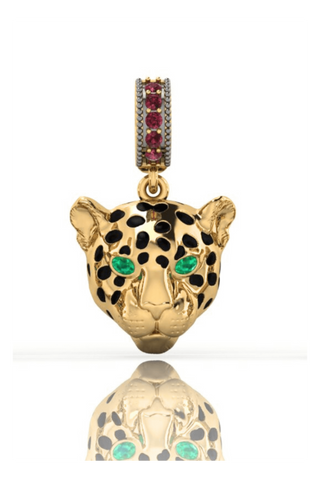 Gold panther charm with gemstone clasp designed in Florence in collaboration with Helena Christensen
